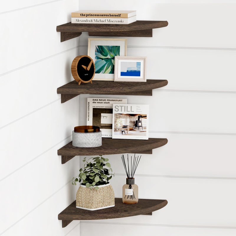 Forbena Floating Corner Shelves for Wall Set of 4  Small Corner Bookshelf for Bedroom Books  Round Wooden Corner Shelf Wall Mount for Bathroom Plants  Kitchen  Living Room Decor (Dark Brown) - Image 1